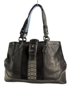 Coach Hampton Black Leather Shoulder Bag with Signature Monogram Stripe